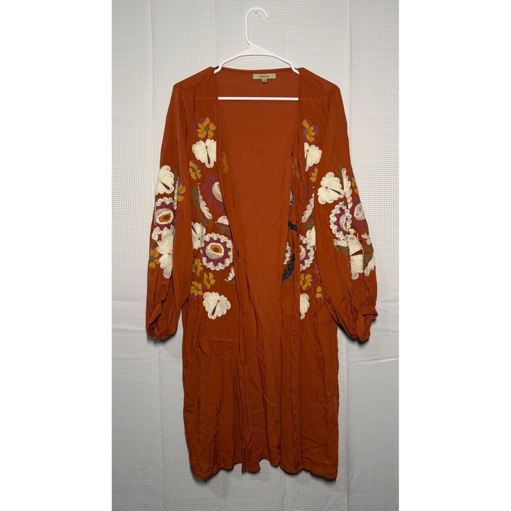 Tennis Floral Embroidered Duster Large Burnt Orange Balloon Sleeve Open Front